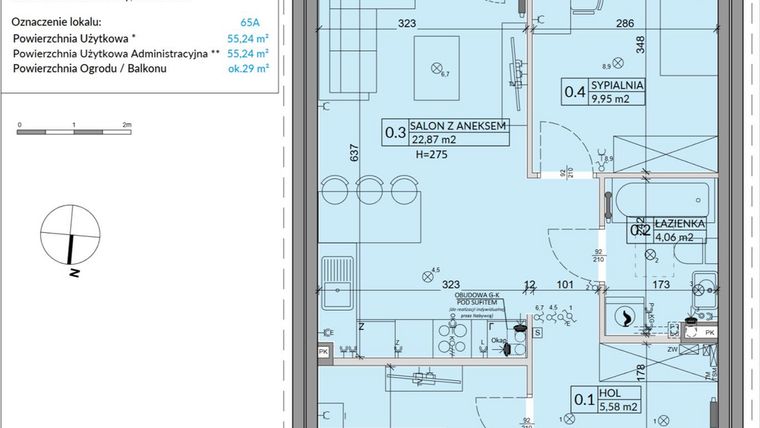 Rzut - Mieszkanie na sprzedaż 3 pokoje o powierzchni 55,24 m² - numer 65A w Osiedle Młodych etap X