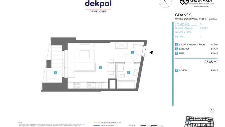 Rzut - Mieszkanie na sprzedaż 1 pokój o powierzchni 27,65 m² - numer 1.1.007 w Granaria