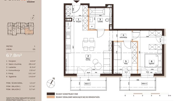 Rzut - Mieszkanie na sprzedaż 3 pokoje o powierzchni 67,8 m² - numer D5 w Domkove Widzew