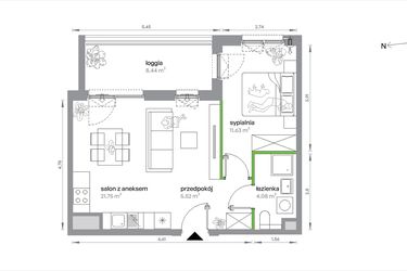 Rzut - Mieszkanie na sprzedaż 2 pokoje o powierzchni 42,98 m² - numer 1/A/3/4 w Sochaczewska Vita