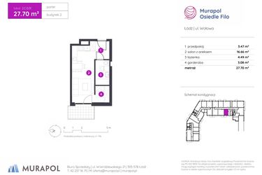 Rzut - Mieszkanie na sprzedaż 1 pokój o powierzchni 27,7 m² - numer 2.C.0.01 w Murapol Osiedle Filo etap II
