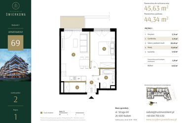 Rzut - Mieszkanie na sprzedaż 2 pokoje o powierzchni 45,63 m² - numer 69 w Rezydencja Świerkowa