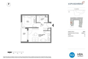 Rzut - Mieszkanie na sprzedaż 2 pokoje o powierzchni 37,97 m² - numer H.5.4 w Łopuszańska 47 - etap 3