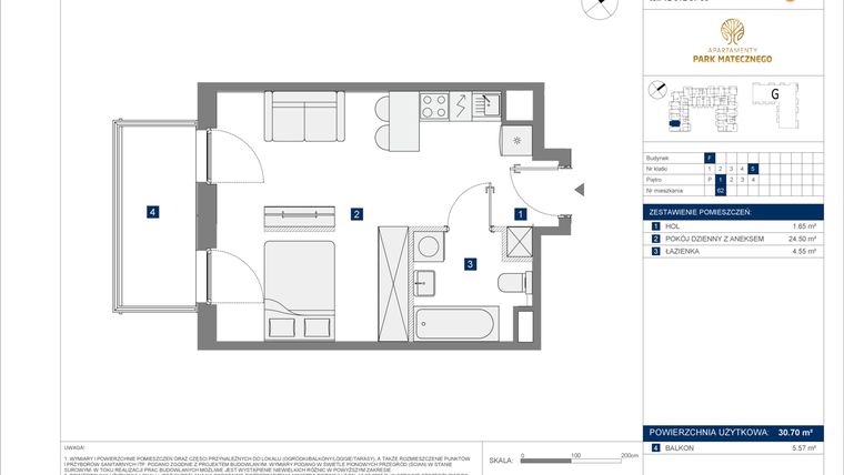 Rzut - Mieszkanie na sprzedaż 1 pokój o powierzchni 30,7 m² - numer F-62 w Apartamenty Park Matecznego Etap 2