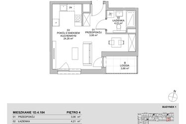 Rzut - Mieszkanie na sprzedaż 1 pokój o powierzchni 31,53 m² - numer 1D.4.184 w Francuska Park VIIIB