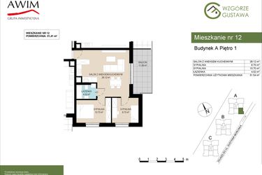 Rzut - Mieszkanie na sprzedaż 3 pokoje o powierzchni 51,54 m² - numer A12 w Wzgórze Gustawa