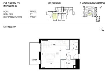 Rzut - Mieszkanie na sprzedaż 1 pokój o powierzchni 36,64 m² - numer 22H/16 w NATURAMA II