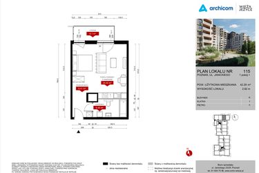 Rzut - Mieszkanie na sprzedaż 1 pokój o powierzchni 42,29 m² - numer K.115 w Wieża Jeżyce etap V
