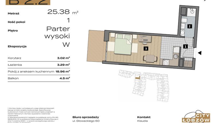 Rzut - Mieszkanie na sprzedaż 1 pokój o powierzchni 25,38 m² - numer B 2.2 w City Łobzów