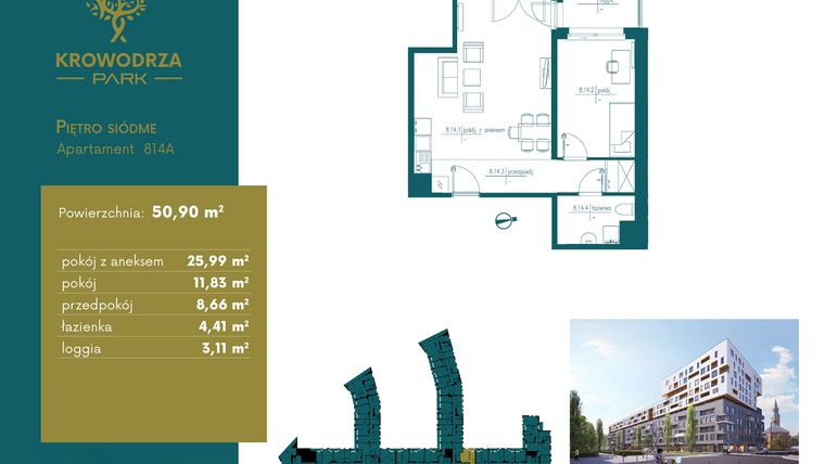 Rzut - Mieszkanie na sprzedaż 2 pokoje o powierzchni 50,87 m² - numer 814A w Krowodrza Park