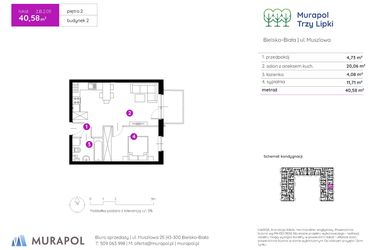 Rzut - Mieszkanie na sprzedaż 2 pokoje o powierzchni 40,58 m² - numer 2.B.2.05 w Murapol Trzy Lipki etap II