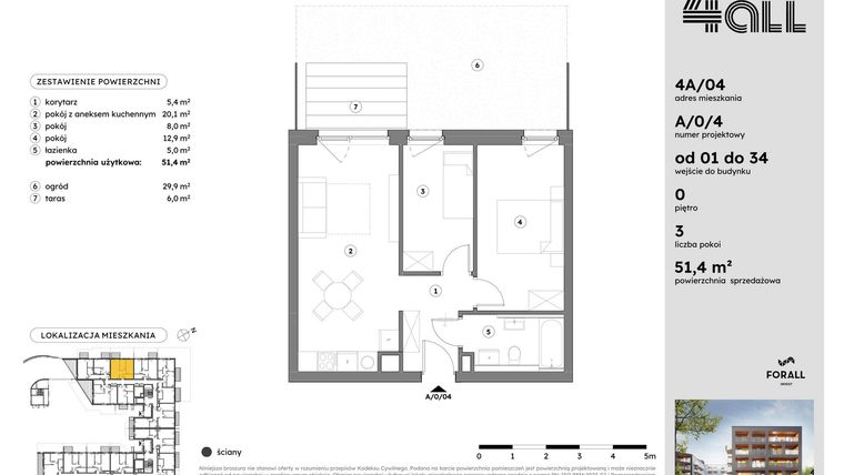 Rzut - Mieszkanie na sprzedaż 3 pokoje o powierzchni 51,37 m² - numer A/0/4 w Osiedle Mateckiego 4ALL