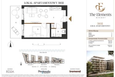Rzut - Mieszkanie na sprzedaż 2 pokoje o powierzchni 38,23 m² - numer B3102 w The Elements Resort