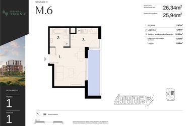 Rzut - Mieszkanie na sprzedaż 1 pokój o powierzchni 26,34 m² - numer D - M.6 w Dzielnica Trust - etap I