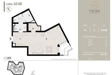 Rzut - Mieszkanie na sprzedaż 1 pokój o powierzchni 53,11 m² - numer A3-06 w The Sea Resort Międzyzdroje