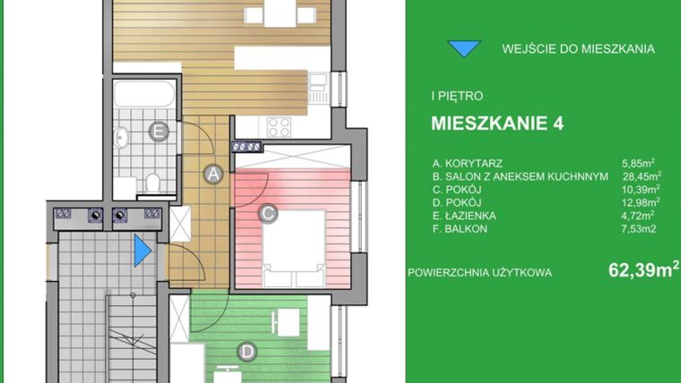 Rzut - Mieszkanie na sprzedaż 3 pokoje o powierzchni 62,39 m² - numer WN/4 w Osiedle Natura - Bud. WN i WM