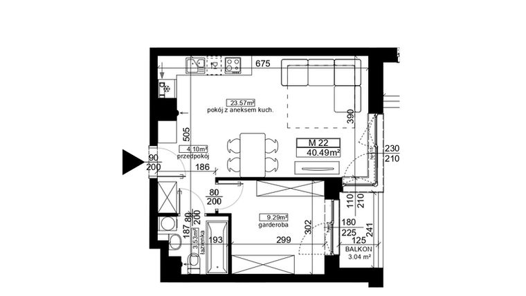 Rzut - Mieszkanie na sprzedaż 2 pokoje o powierzchni 40,49 m² - numer 22 w Ubocze