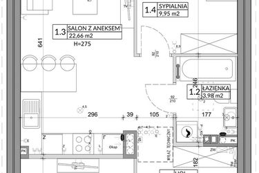 Rzut - Mieszkanie na sprzedaż 3 pokoje o powierzchni 56,89 m² - numer 15B w Osiedle Młodych