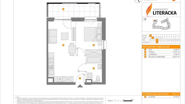 Rzut - Mieszkanie na sprzedaż 2 pokoje o powierzchni 40,01 m² - numer F.79 w Apartamenty Literacka etap 2.3