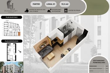 Rzut - Mieszkanie na sprzedaż 1 pokój o powierzchni 19,57 m² - numer 1 w Hussar Loft - Apartamenty inwestycyjne