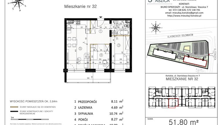 Rzut - Mieszkanie na sprzedaż 3 pokoje o powierzchni 51,8 m² - numer M32 w Staszica