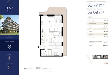 Rzut - Mieszkanie na sprzedaż 3 pokoje o powierzchni 56,77 m² - numer B4M8 w Plaza City