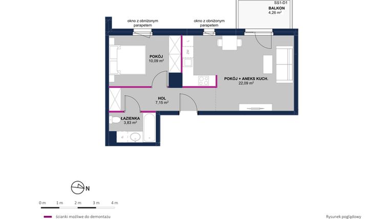 Rzut - Mieszkanie na sprzedaż 2 pokoje o powierzchni 43,16 m² - numer 133 w Moja Północna Etap III