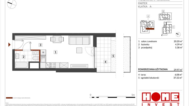 Rzut - Mieszkanie na sprzedaż 1 pokój o powierzchni 29,97 m² - numer B2-A003 w Warszawski Świt etap IX