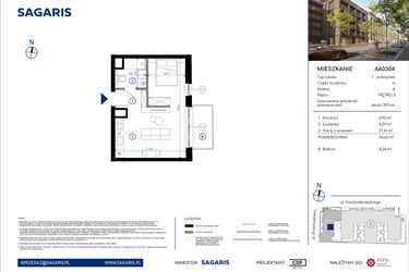 Rzut - Mieszkanie na sprzedaż 1 pokój o powierzchni 34,63 m² - numer AA0304 w Niedziałkowskiego Park