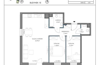 Rzut - Mieszkanie na sprzedaż 3 pokoje o powierzchni 68,46 m² - numer 1E.5B w Osiedle Horizon