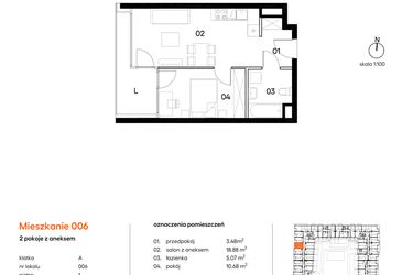 Rzut - Mieszkanie na sprzedaż 2 pokoje o powierzchni 38,11 m² - numer A006 w Miasto Polskich Mistrzów Olimpijskich