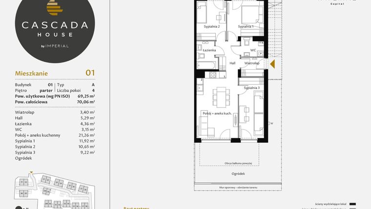 Rzut - Mieszkanie na sprzedaż 4 pokoje o powierzchni 69,49 m² - numer 1.1 w CASCADA House