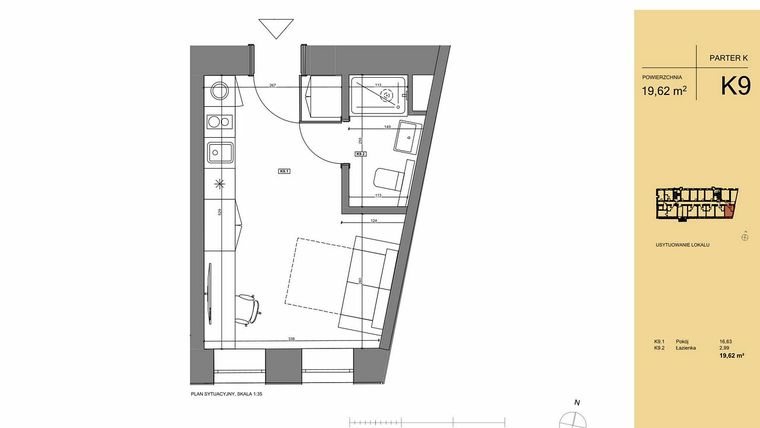 Rzut - Mieszkanie na sprzedaż 1 pokój o powierzchni 19,62 m² - numer K9 w Rezydencja San Petrus