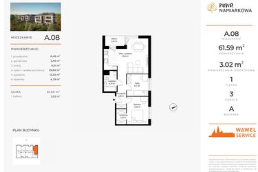 Rzut - Mieszkanie na sprzedaż 3 pokoje o powierzchni 61,59 m² - numer A.08 w Nowa Namiarkowa