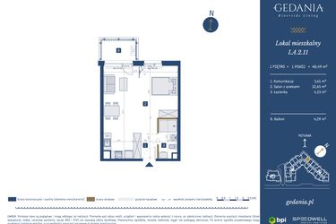 Rzut - Mieszkanie na sprzedaż 1 pokój o powierzchni 40,49 m² - numer I.A.2.11 w GEDANIA Riverside Living