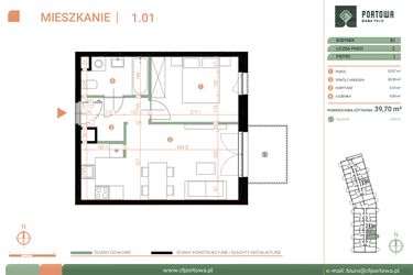 Rzut - Mieszkanie na sprzedaż 2 pokoje o powierzchni 39,7 m² - numer M.01.01 w Casa Feliz Portowa II