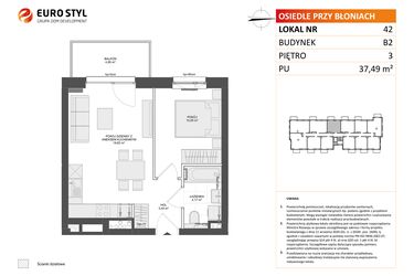 Rzut - Mieszkanie na sprzedaż 2 pokoje o powierzchni 37,49 m² - numer B2.42 w Osiedle Przy Błoniach 3 etap III