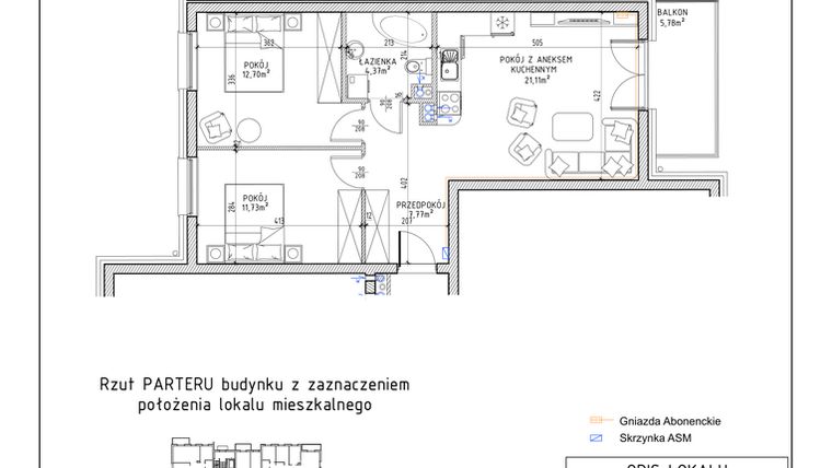 Rzut - Mieszkanie na sprzedaż 3 pokoje o powierzchni 57,68 m² - numer 37 w Osiedle Sady bud. E4