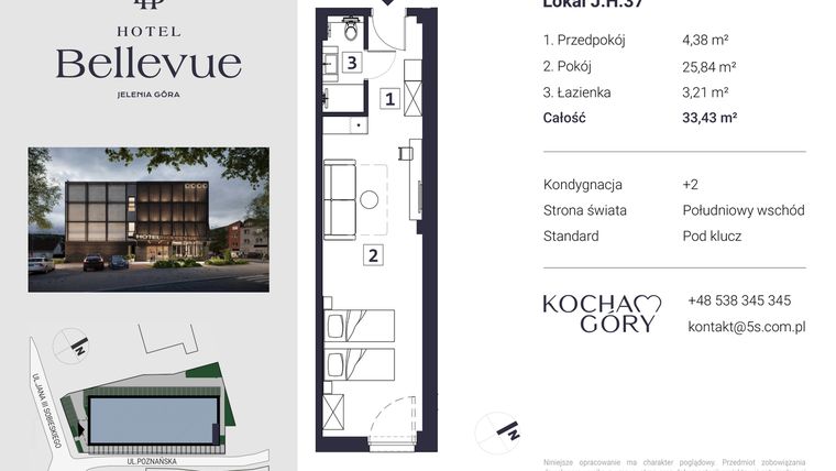 Rzut - Mieszkanie na sprzedaż 1 pokój o powierzchni 33,43 m² - numer 37 w Hotel Bellevue