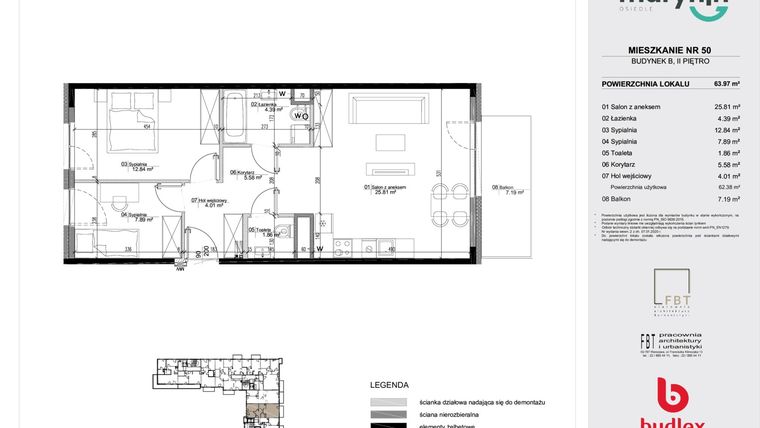 Rzut - Mieszkanie na sprzedaż 3 pokoje o powierzchni 63,97 m² - numer B.50 w Osiedle Marynin