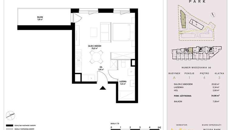 Rzut - Mieszkanie na sprzedaż 1 pokój o powierzchni 34,86 m² - numer A96 w Witosa Park