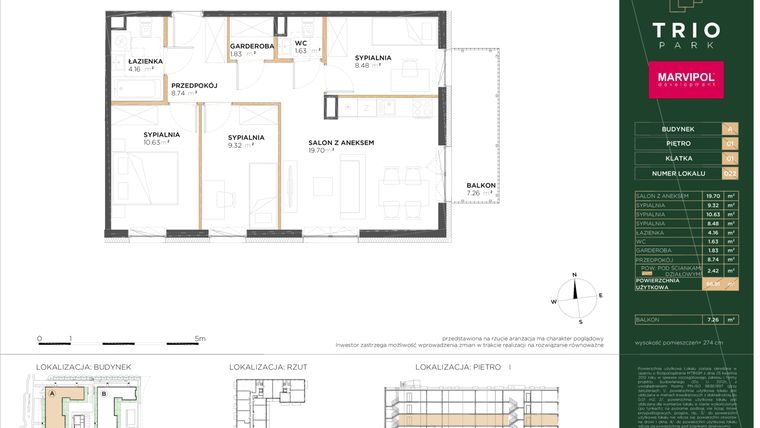 Rzut - Mieszkanie na sprzedaż 4 pokoje o powierzchni 66,91 m² - numer A022 w Trio Park