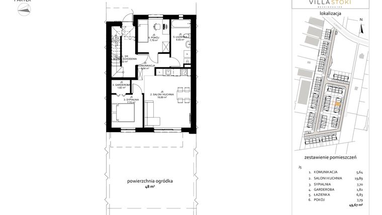 Rzut - Mieszkanie na sprzedaż 3 pokoje o powierzchni 49,67 m² - numer J5 w Villa Stoki (mieszkania)