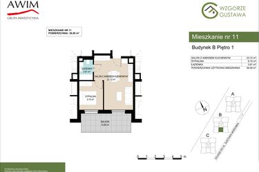 Rzut - Mieszkanie na sprzedaż 2 pokoje o powierzchni 36,09 m² - numer B11 w Wzgórze Gustawa