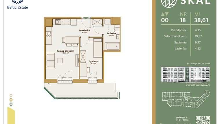 Rzut - Mieszkanie na sprzedaż 2 pokoje o powierzchni 38,61 m² - numer M.18 w Skal