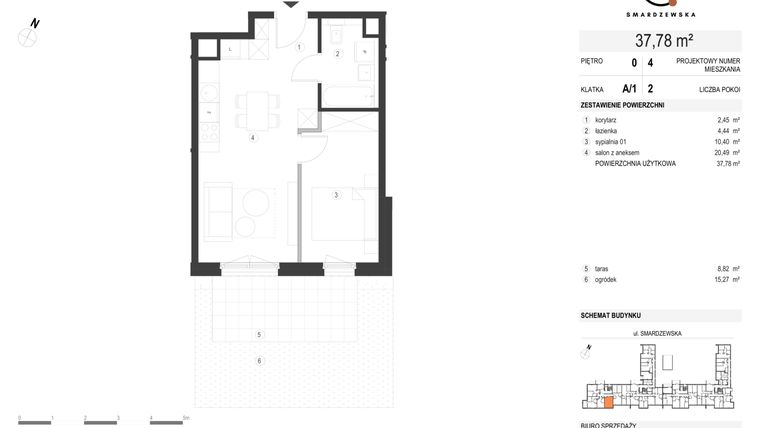Rzut - Mieszkanie na sprzedaż 2 pokoje o powierzchni 37,78 m² - numer A/1/0.4 w Smardzewska 8