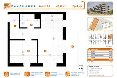Rzut - Mieszkanie na sprzedaż 2 pokoje o powierzchni 48,48 m² - numer B1/1/06 w Zakamarki