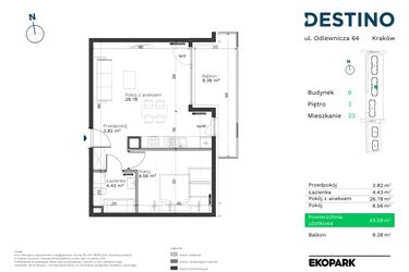 Rzut - Mieszkanie na sprzedaż 2 pokoje o powierzchni 43,59 m² - numer B-23 w Destino
