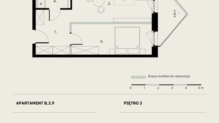 Rzut - Mieszkanie na sprzedaż 2 pokoje o powierzchni 46,21 m² - numer B/3/9 w Ogrodowa 12
