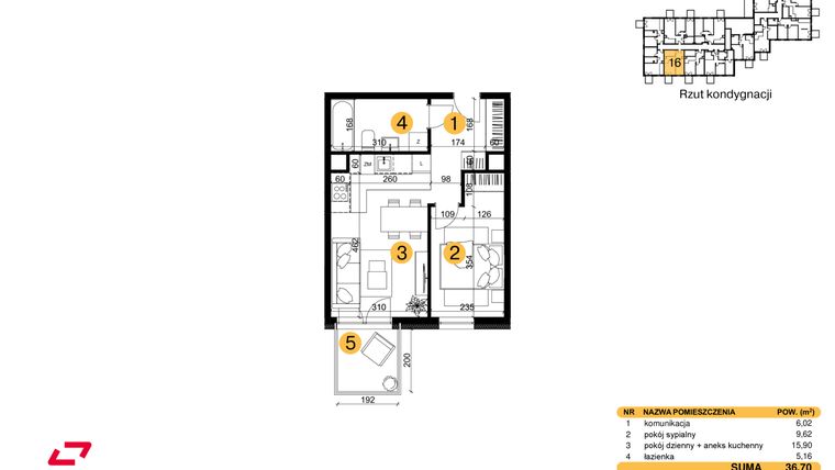 Rzut - Mieszkanie na sprzedaż 2 pokoje o powierzchni 36,7 m² - numer M16 w Punkt Wola
